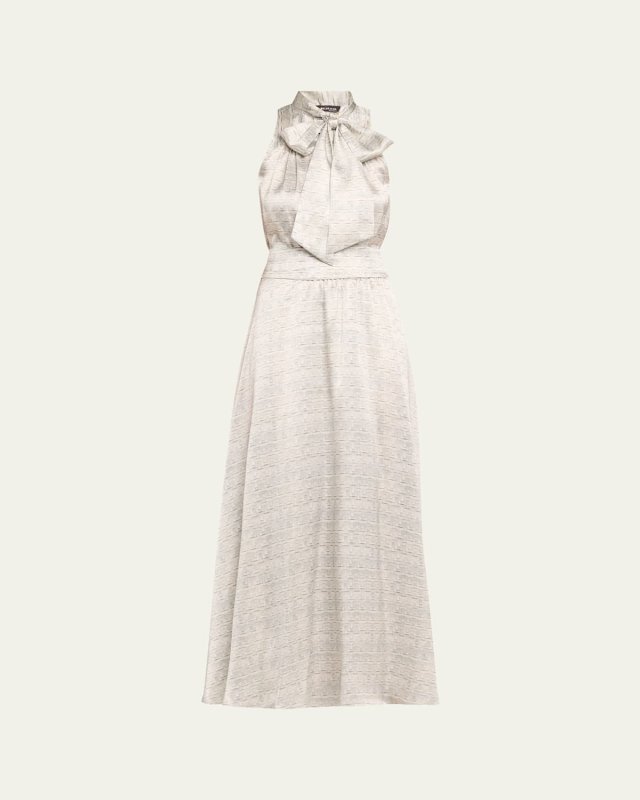 Long Printed Silk Sleeveless Dress with Scarf